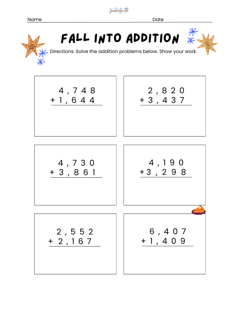 3rd grade four-digit addition worksheet