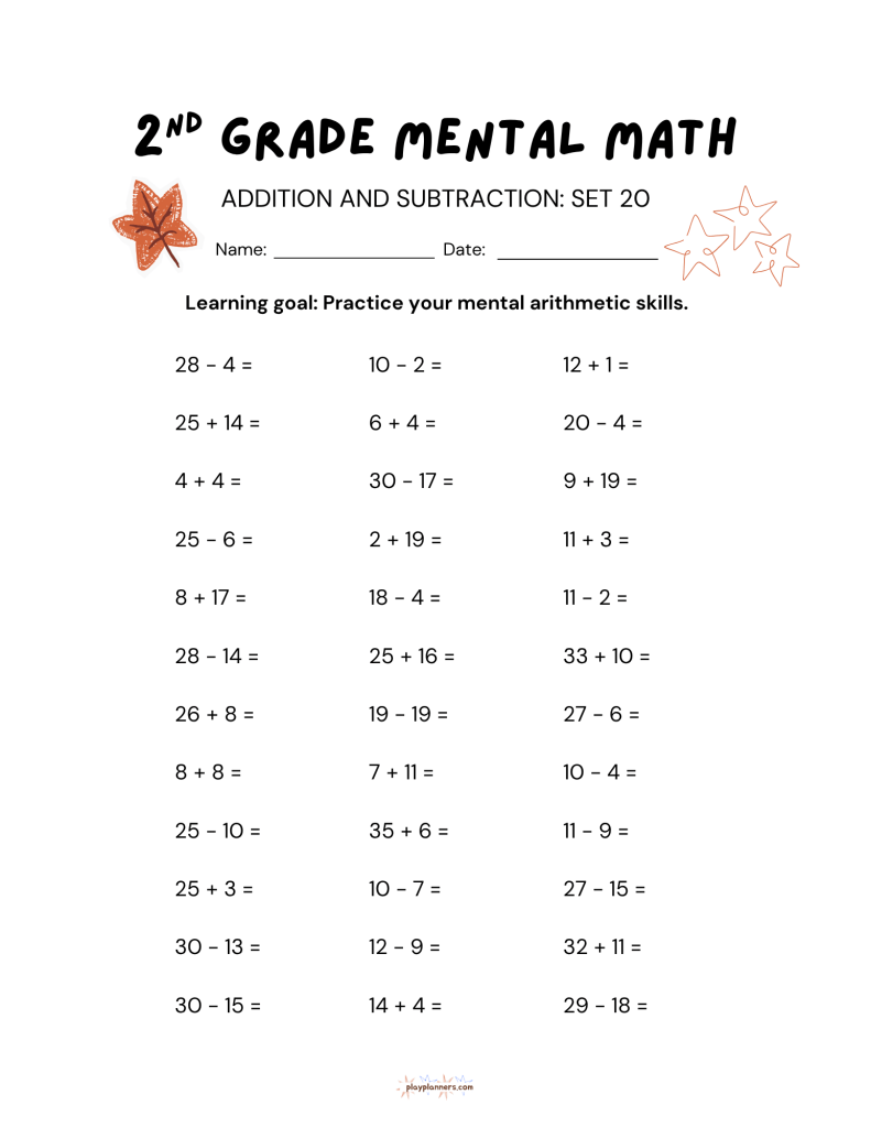 2nd grade mental math worksheet with addition and subtraction