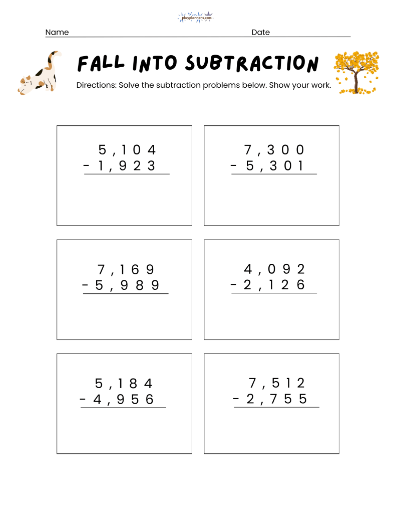 4th grade subtraction worksheets fall themed free printable