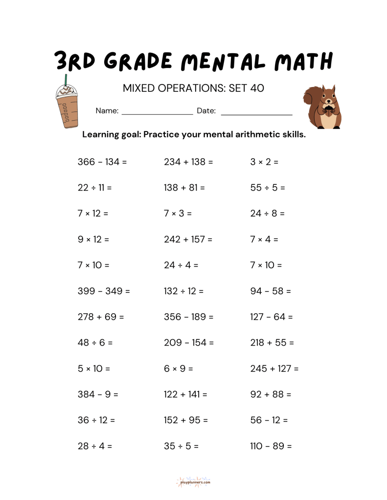 3rd grade mental math worksheet thanksgiving fall themed