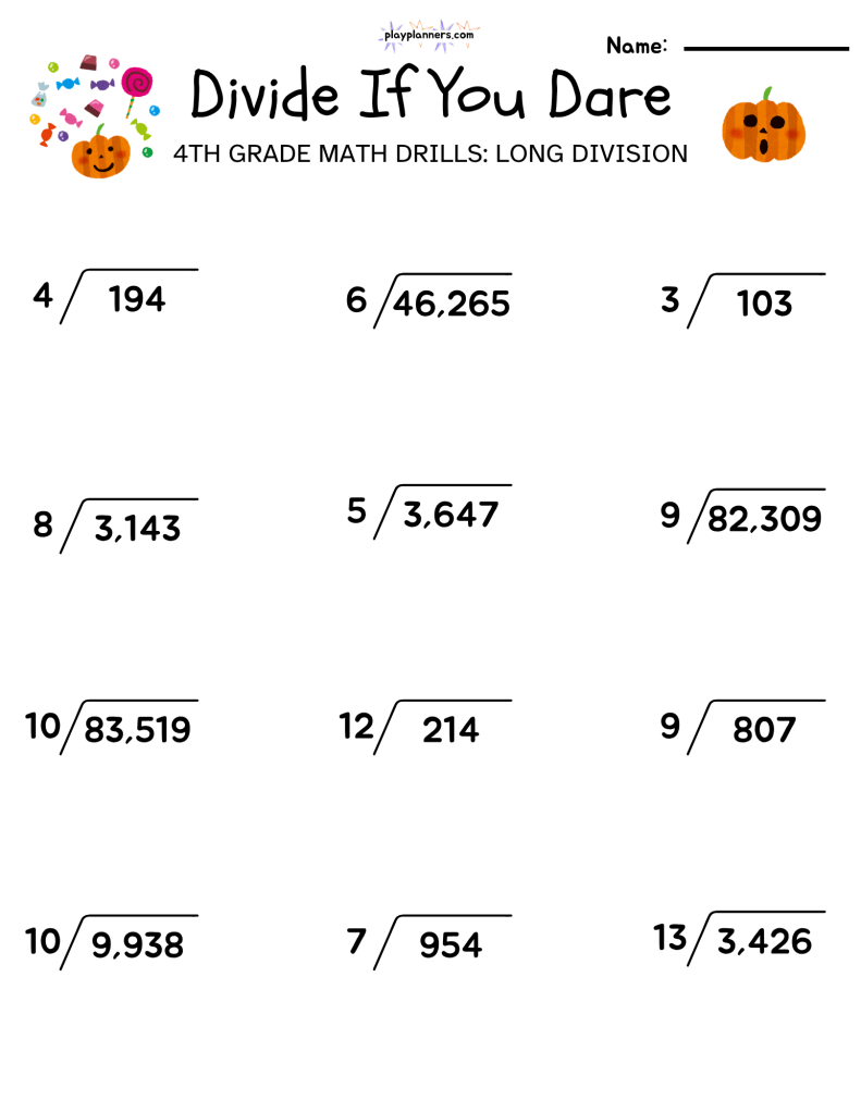 long division worksheets for 4th grade halloween themed