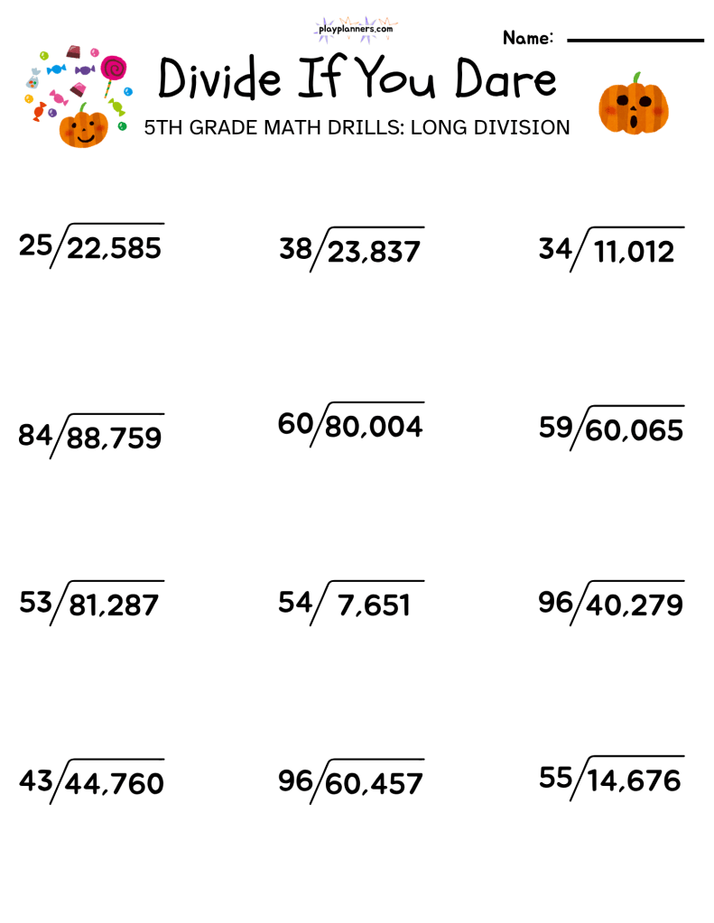 5th grade halloween themed long division worksheet