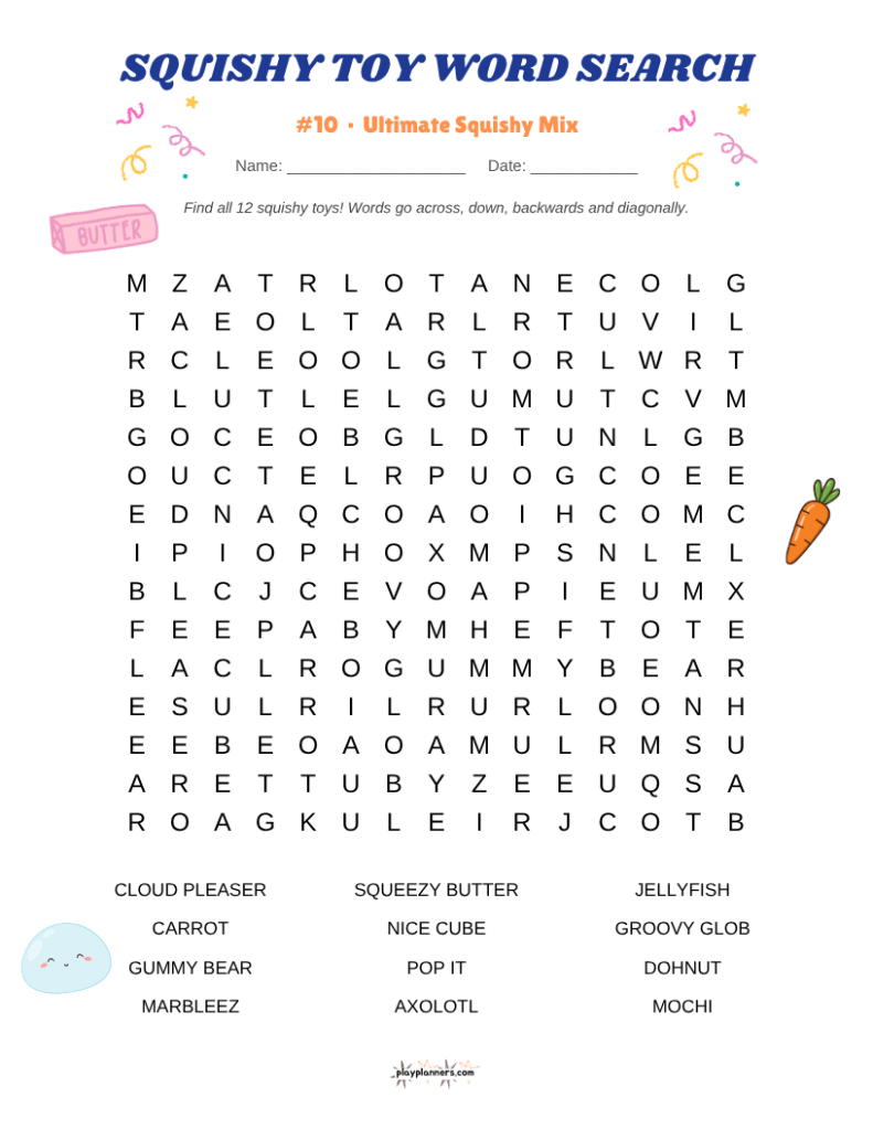 Squishy toy word search printable featuring popular squishy toys for kids
