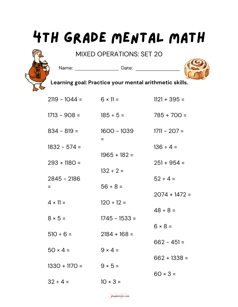 4th grade mental math worksheet, mixed operations set 20, with fall themed illustrations