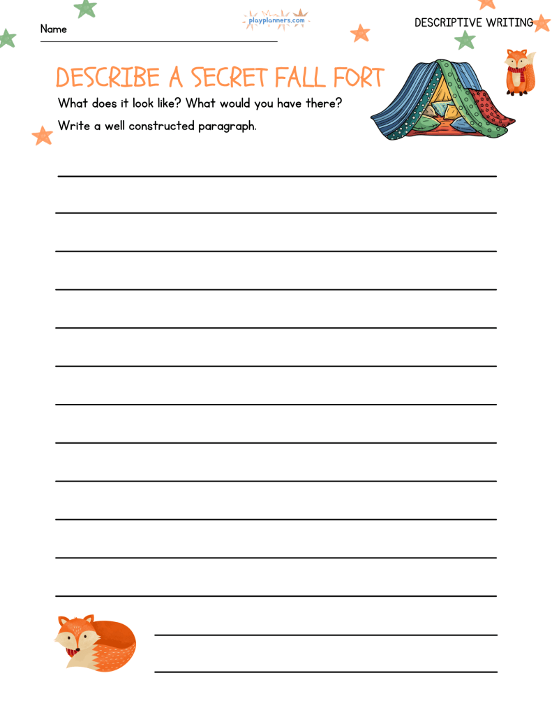 Fall descriptive writing worksheet with the prompt โDescribe a Secret Fall Fortโ and space for students to write a paragraph.