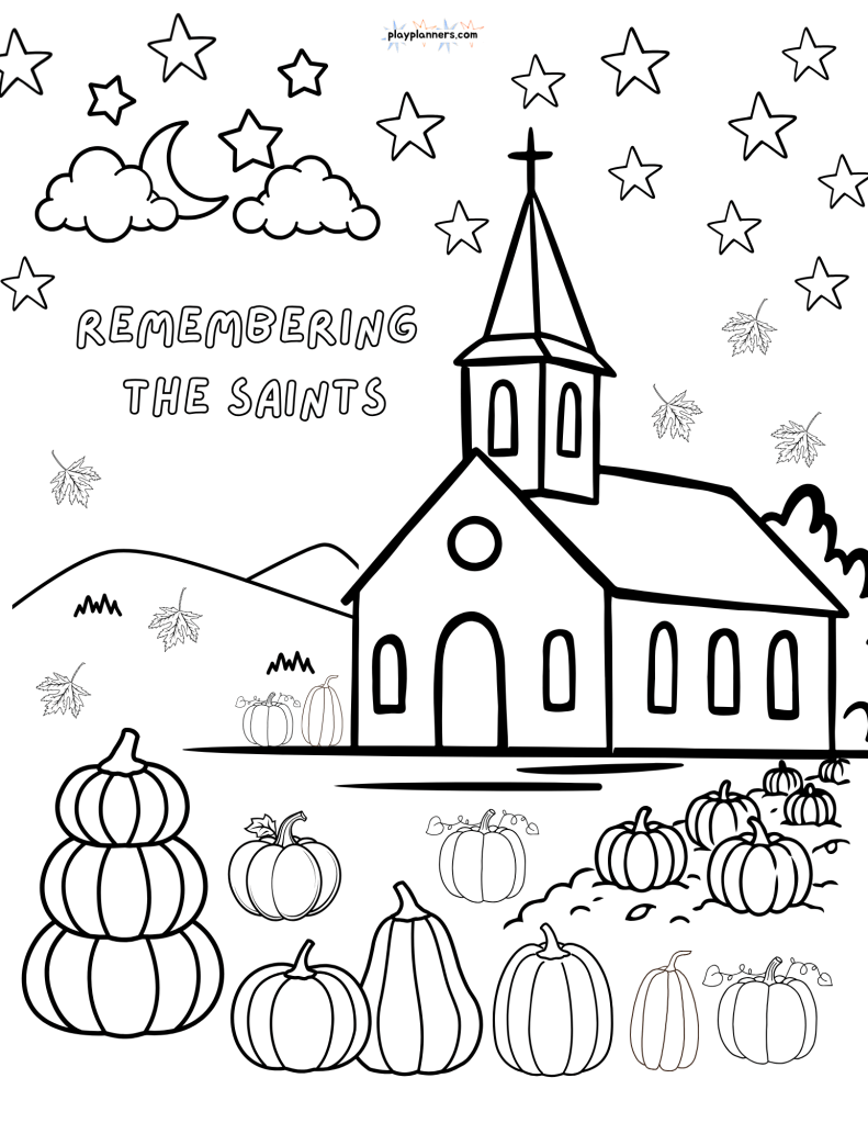 Remember the Saints coloring page with a church and pumpkins