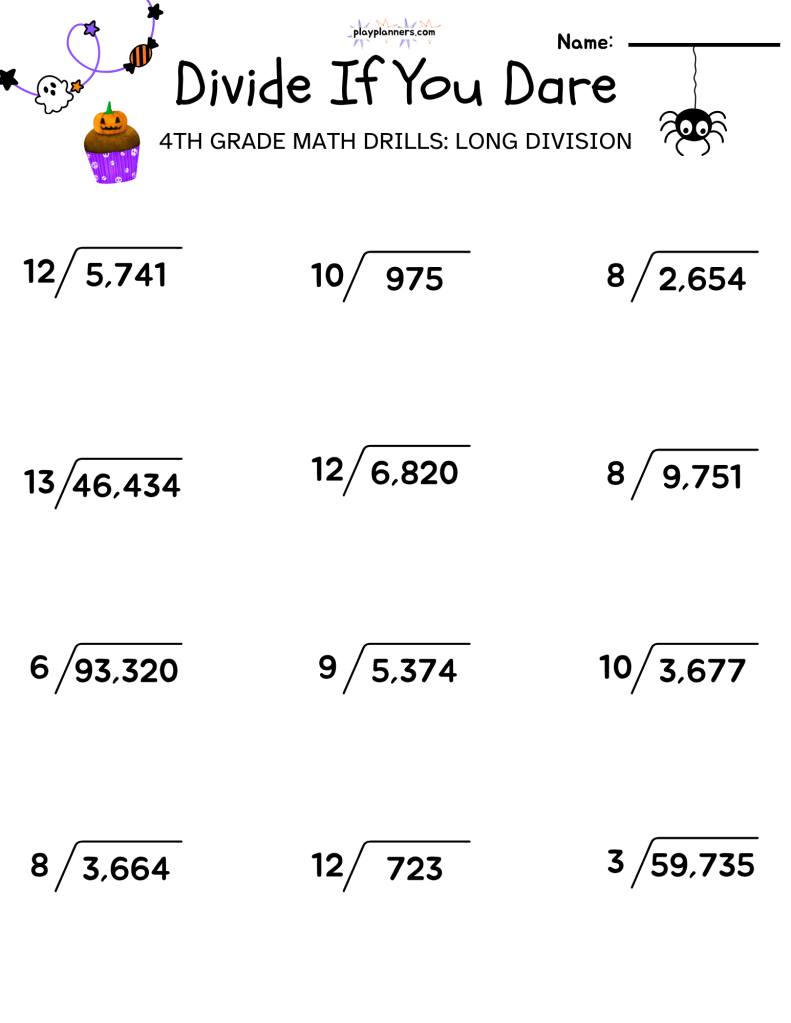 long division worksheets for 4th grade halloween themed