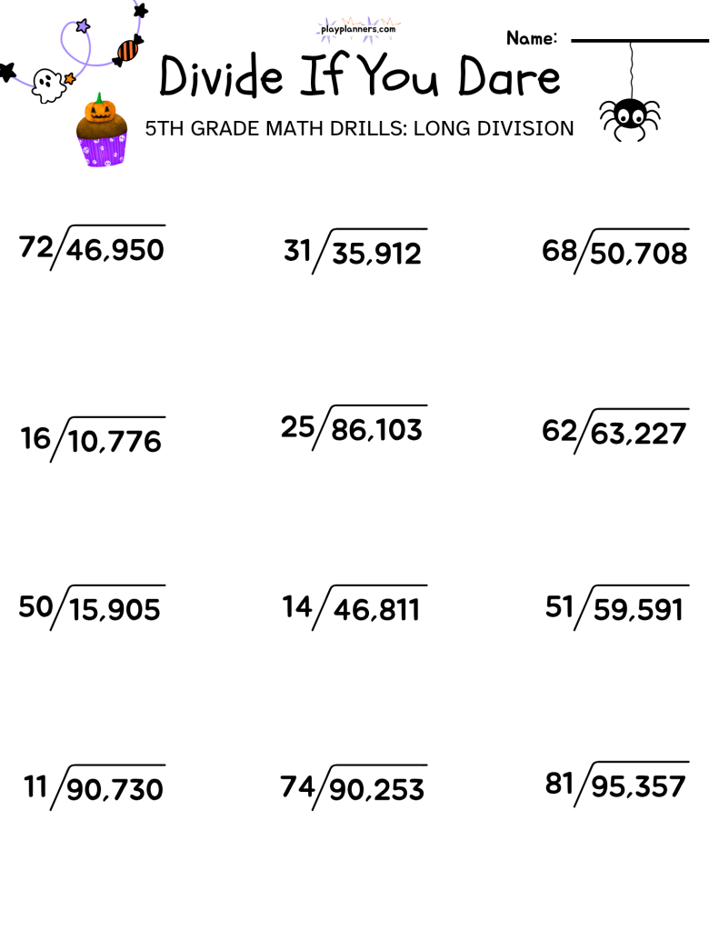 5th grade halloween themed long division worksheet