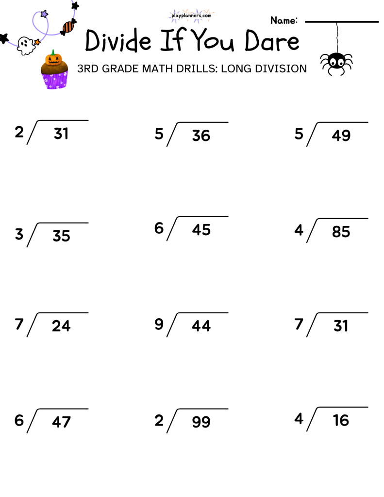 3rd grade long division halloween themed worksheet