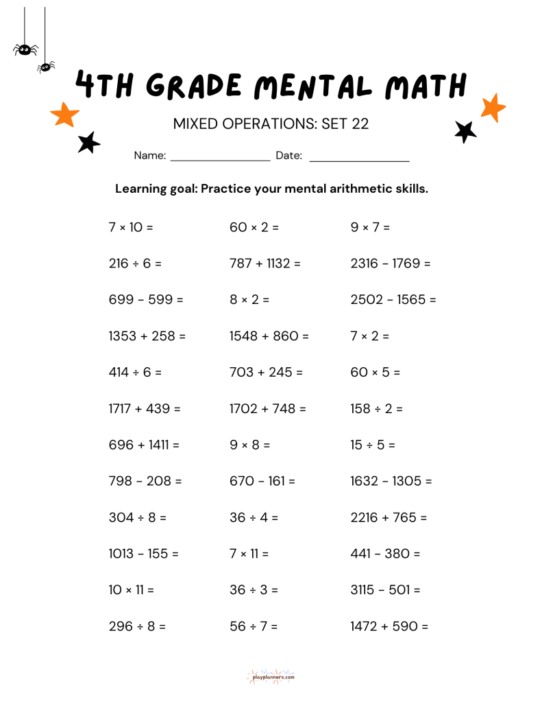 3rd grade halloween themed mental math worksheet