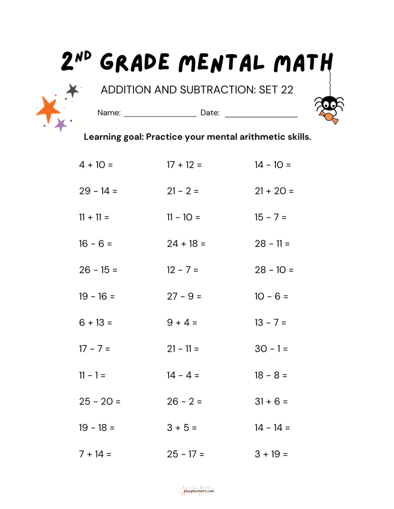 second grade addition and subtraction halloween themed worksheet