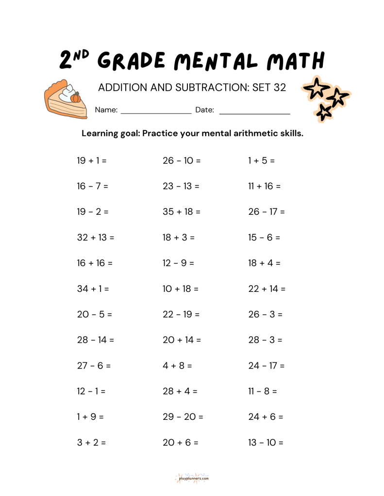 Thanksgiving themed second grade addition and subtraction worksheet