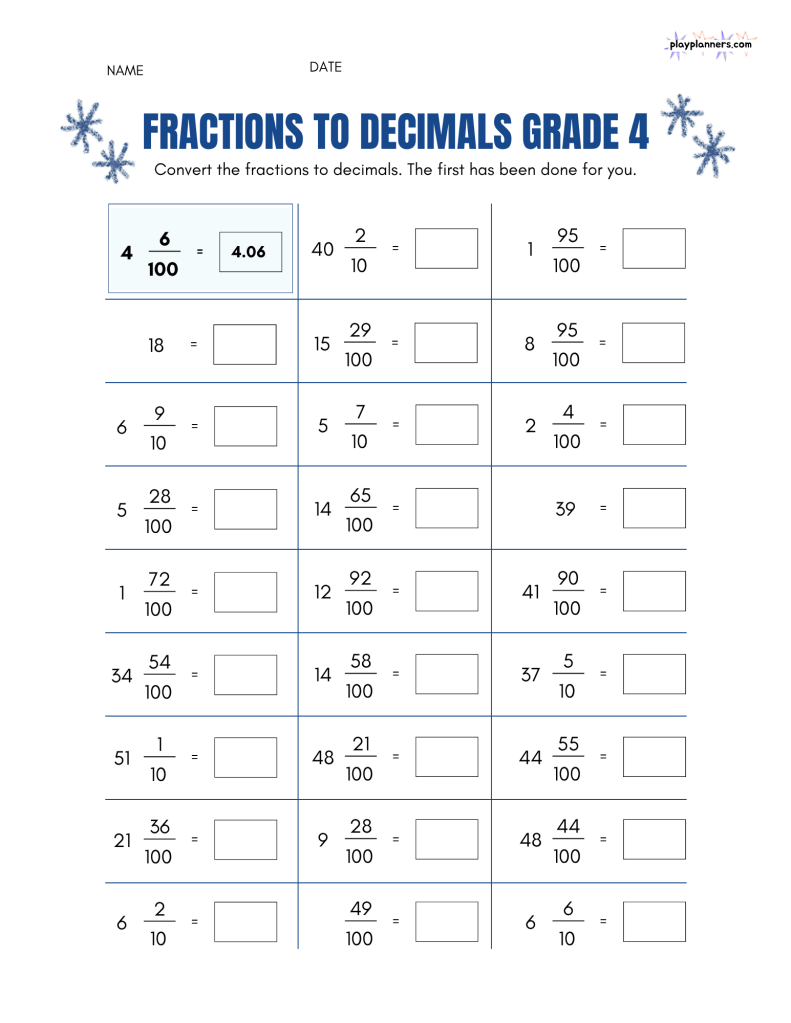 fraction to decimal practice worksheet for 4th grade