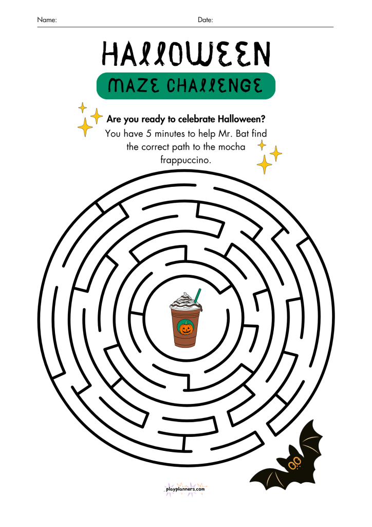 Halloween maze challenge printable: help Mr. Bat find the path to the mocha frappuccino
