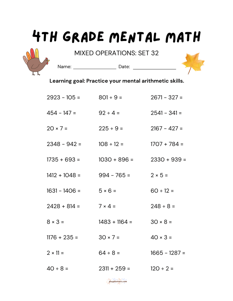 thanksgiving 4th grade mental math worksheet