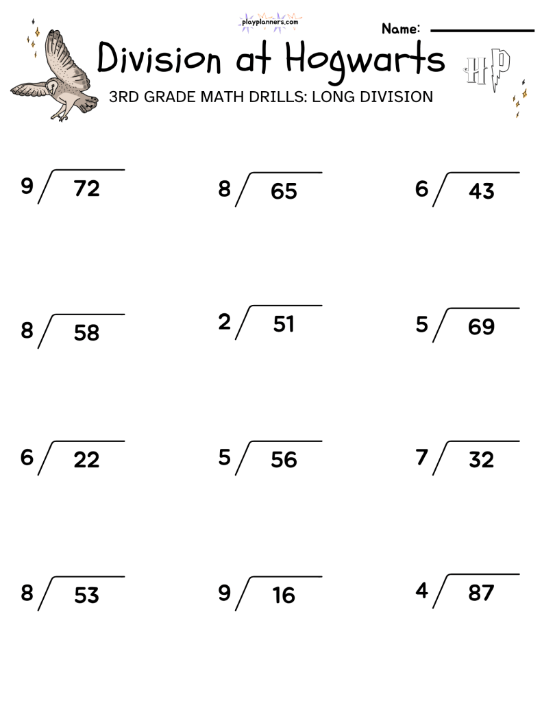 3rd Grade long division worksheet with a harry potter theme