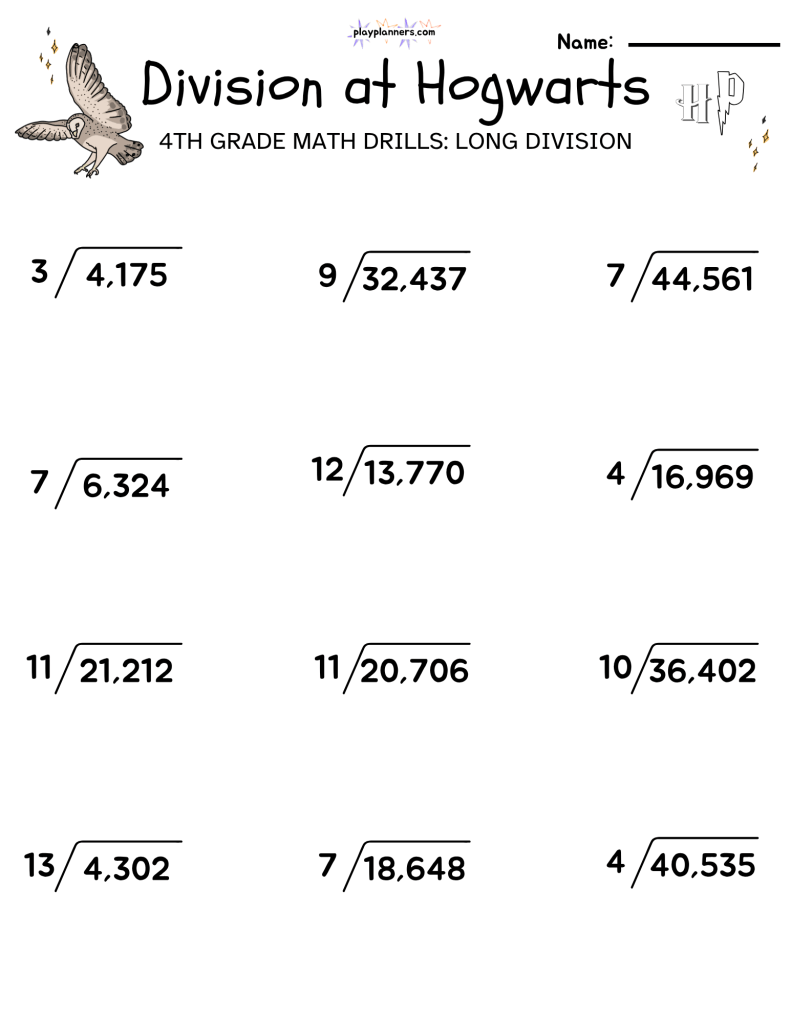 4th grade long division worksheet harry potter themed free printable