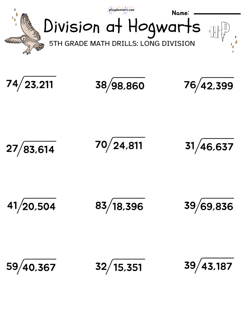5th grade long division math worksheet harry potter themed free printable