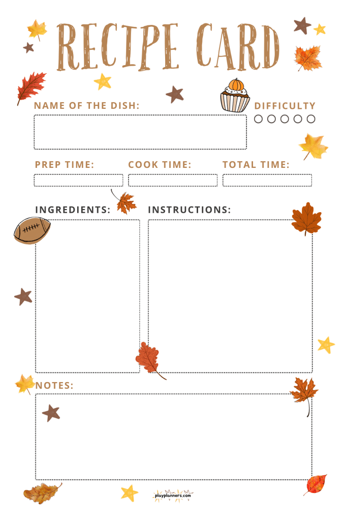 Printable fall recipe card with footballs, fall leaves, and cupcakes