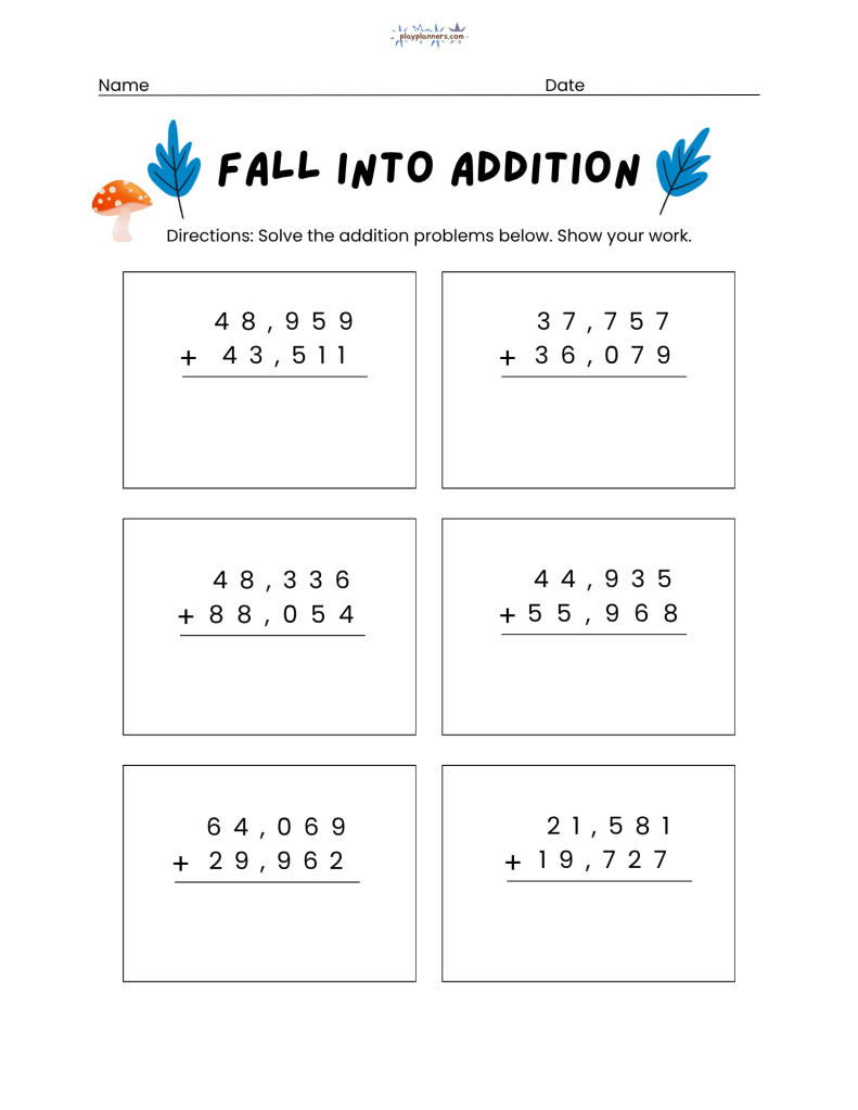 5 digit addition worksheet for 5th grade