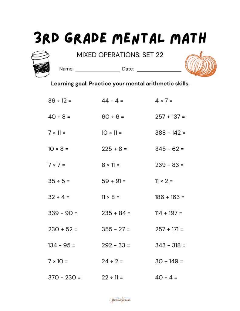 3rd grade mental math worksheet with addition subtraction multiplication and division