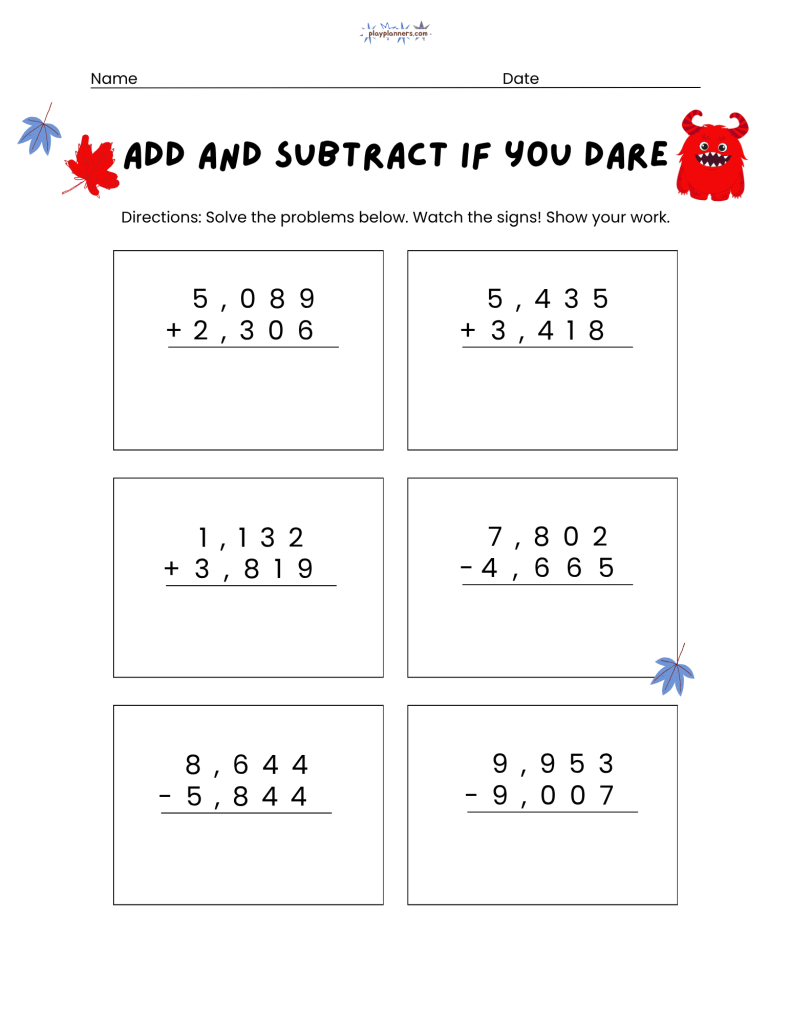 Addition and Subtraction practice for 3rd grade free halloween printable