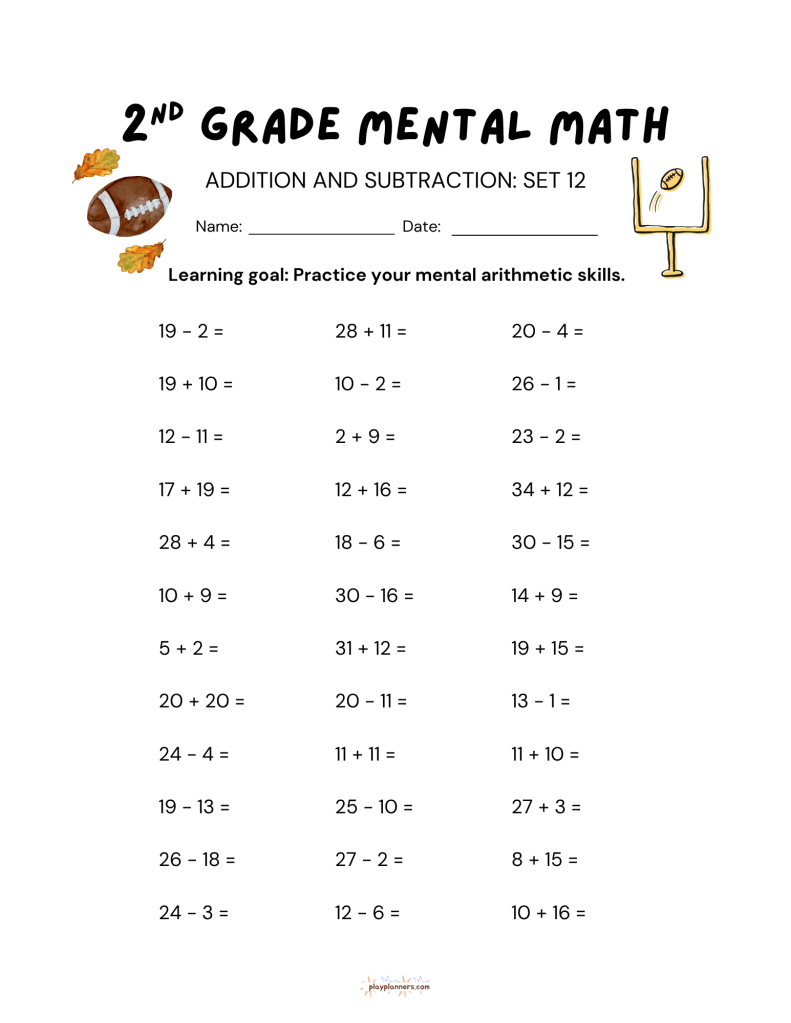 2nd grade mental math worksheet with addition and subtraction