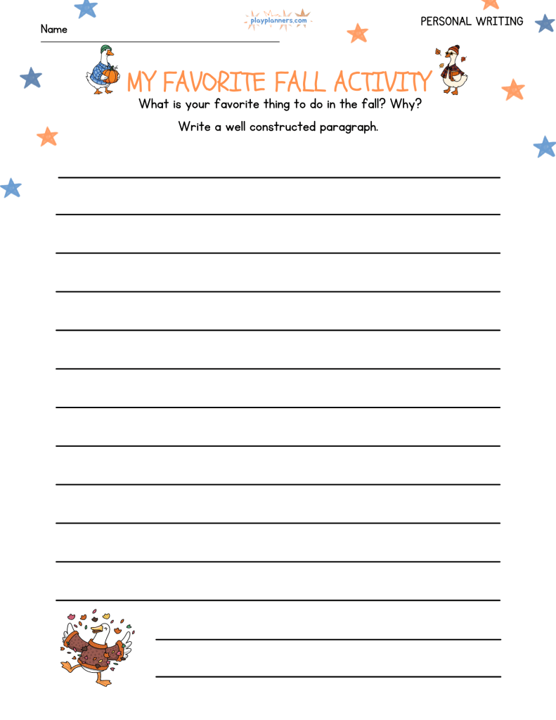 Fall writing worksheet with the prompt โMy Favorite Fall Activityโ and space for students to write a paragraph.