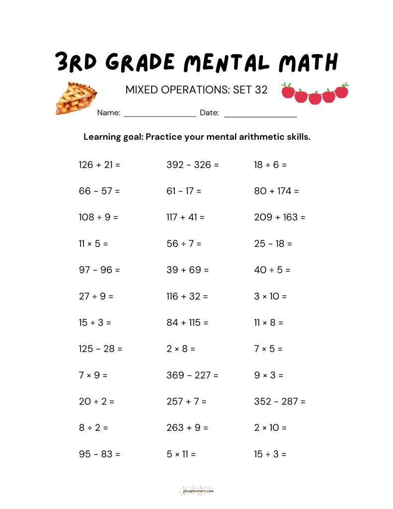 3rd grade mental math worksheet thanksgiving fall themed