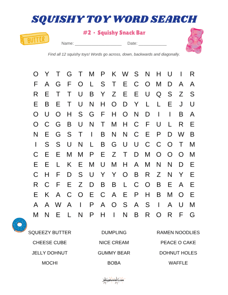 Free word search printable featuring Needoh and other popular squishy toys