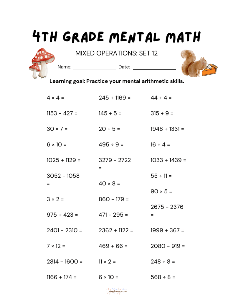 4th grade mental math worksheet, mixed operations set 12, with fall themed illustrations