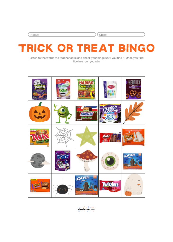 Trick or Treat Halloween bingo card with pictures of costumes, candy and pumpkins