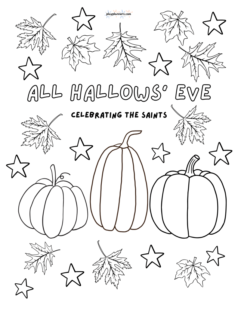 All Hallows' Eve coloring page celebrating the saints, with pumpkins and stars