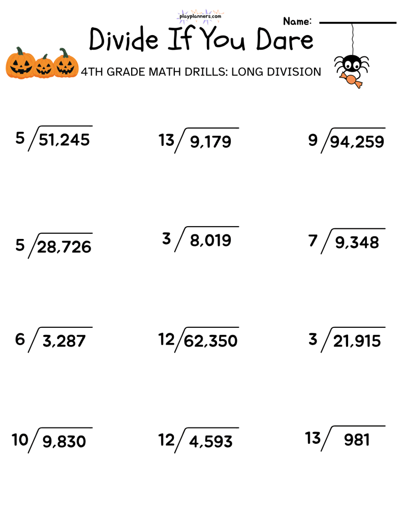 long division worksheets for 4th grade halloween themed