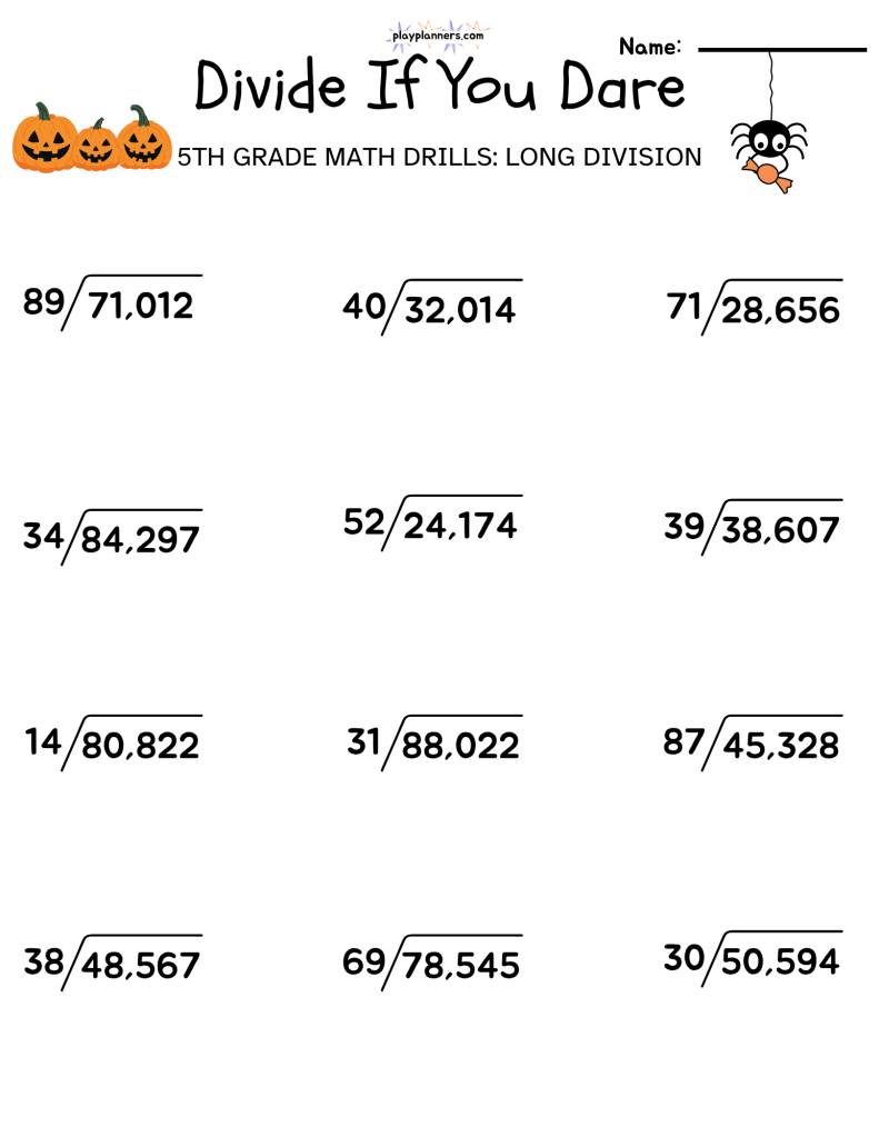 5th grade halloween themed long division worksheet