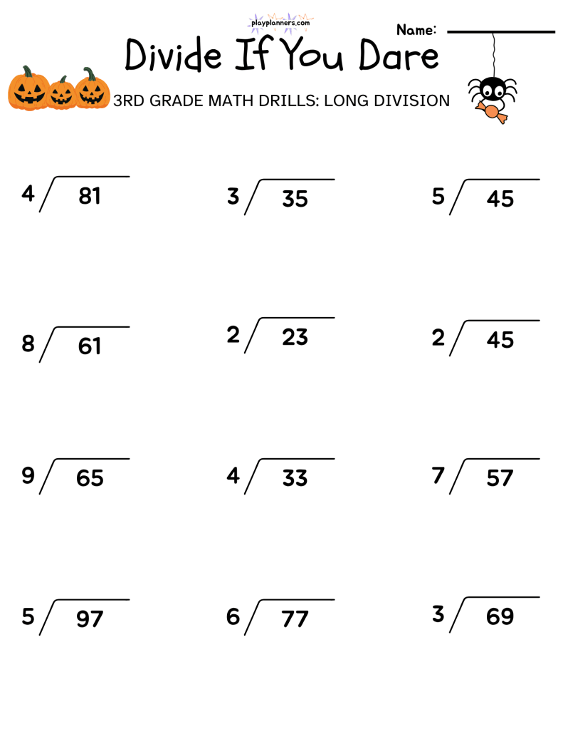 3rd grade long division halloween themed worksheet