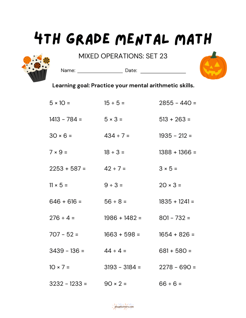 3rd grade halloween themed mental math worksheet
