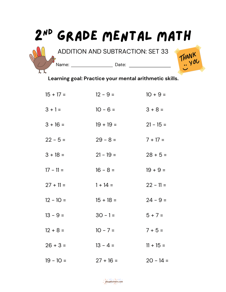 Thanksgiving themed second grade addition and subtraction worksheet