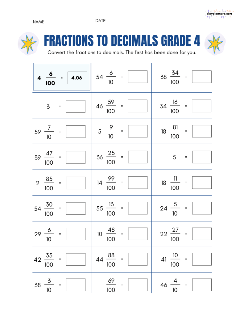 fraction to decimal practice worksheet for 4th grade