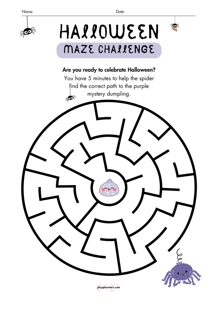 Halloween maze challenge printable: help the spider find the path to the purple mystery dumpling