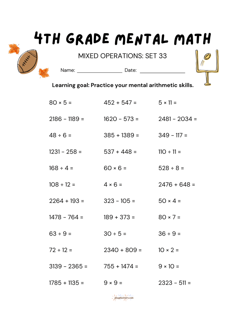thanksgiving 4th grade mental math worksheet