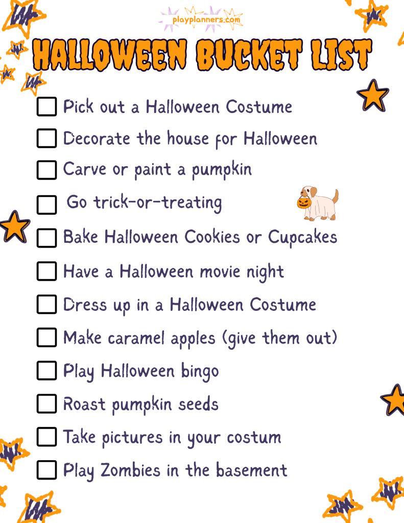 Printable Halloween bucket list checklist with activities including carving a pumpkin and trick or treating