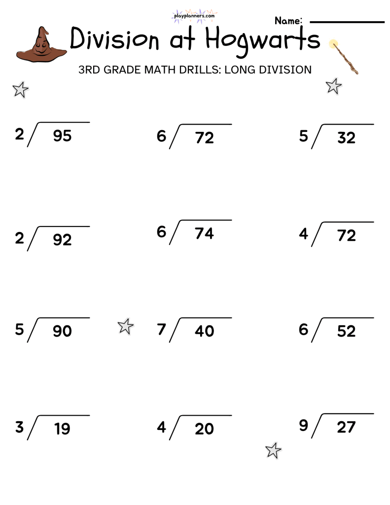 3rd Grade long division worksheet with a harry potter theme