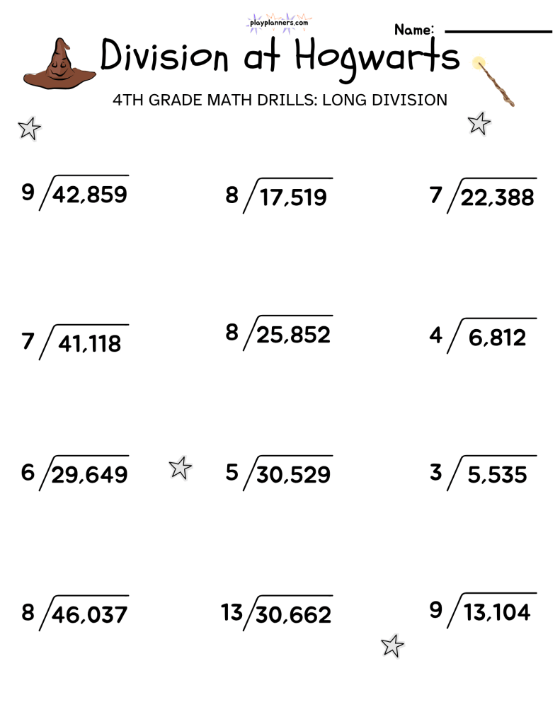 4th grade long division worksheet harry potter themed free printable