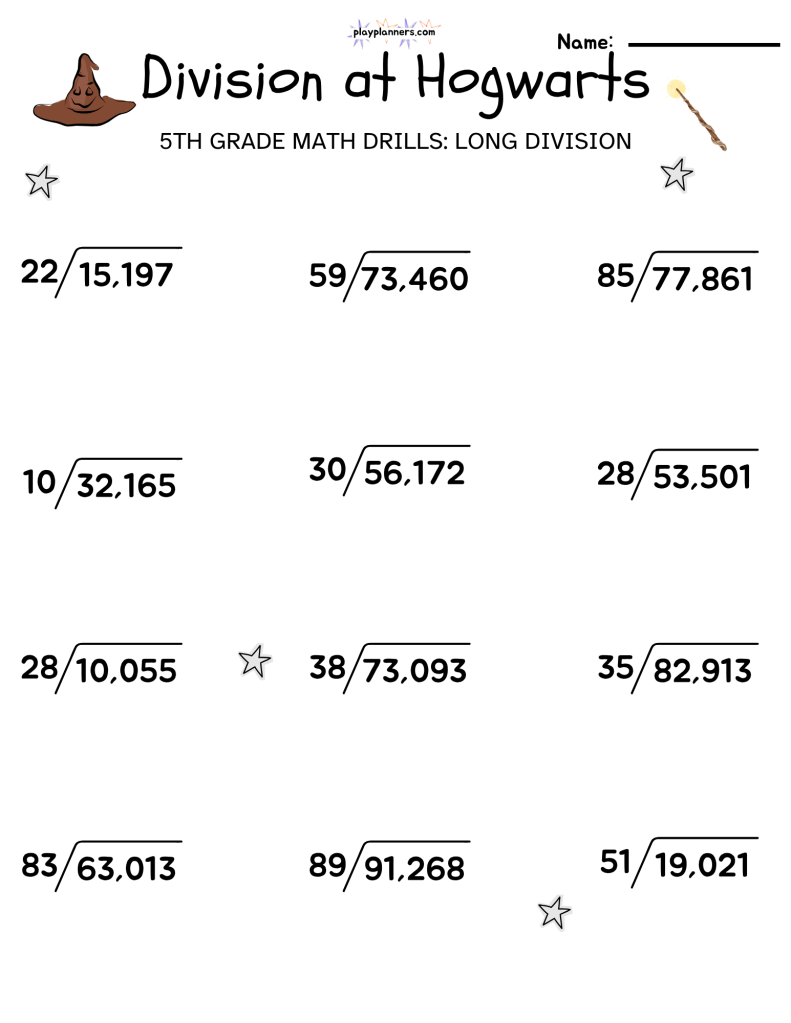 5th grade long division math worksheet harry potter themed free printable