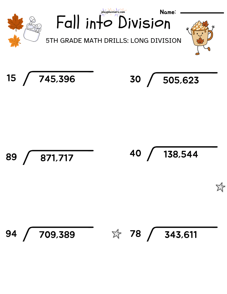 5th grade long division worksheet fall themed free printable