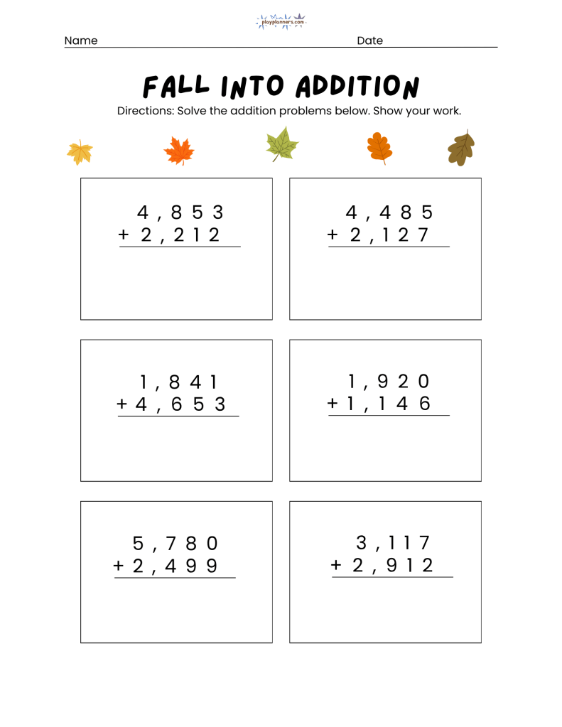 3rd grade four-digit addition worksheet