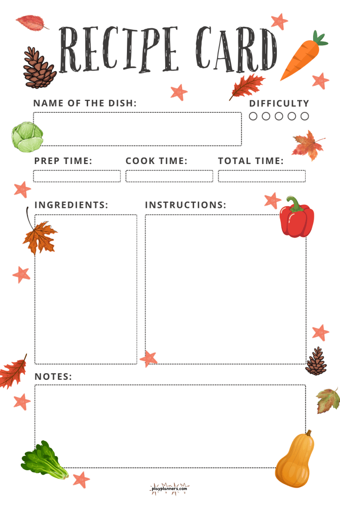 Printable fall recipe card with fall vegetables, leaves, pinecones, and stars
