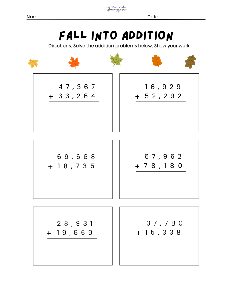5 digit addition worksheet for 5th grade