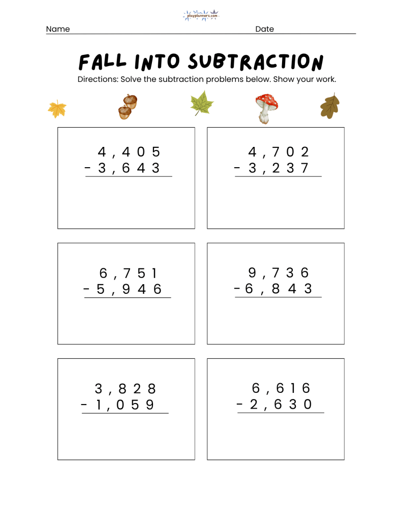 4th grade subtraction worksheets fall themed free printable